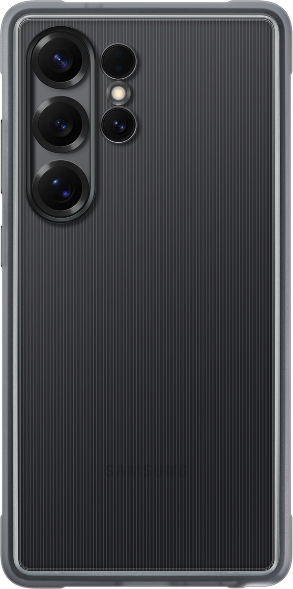 Telefono nero con retro strutturato e quattro fotocamere. La cornice è grigia. Sfondo bianco.