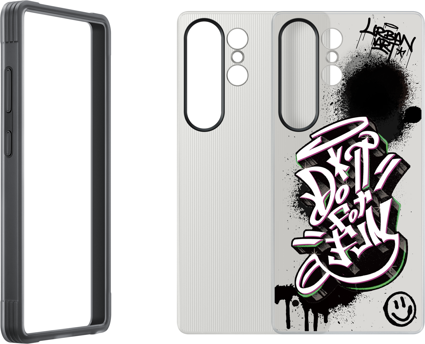 Custodia per telefono con design graffiti: testo in bianco e nero, gocce di vernice e una faccina sorridente.