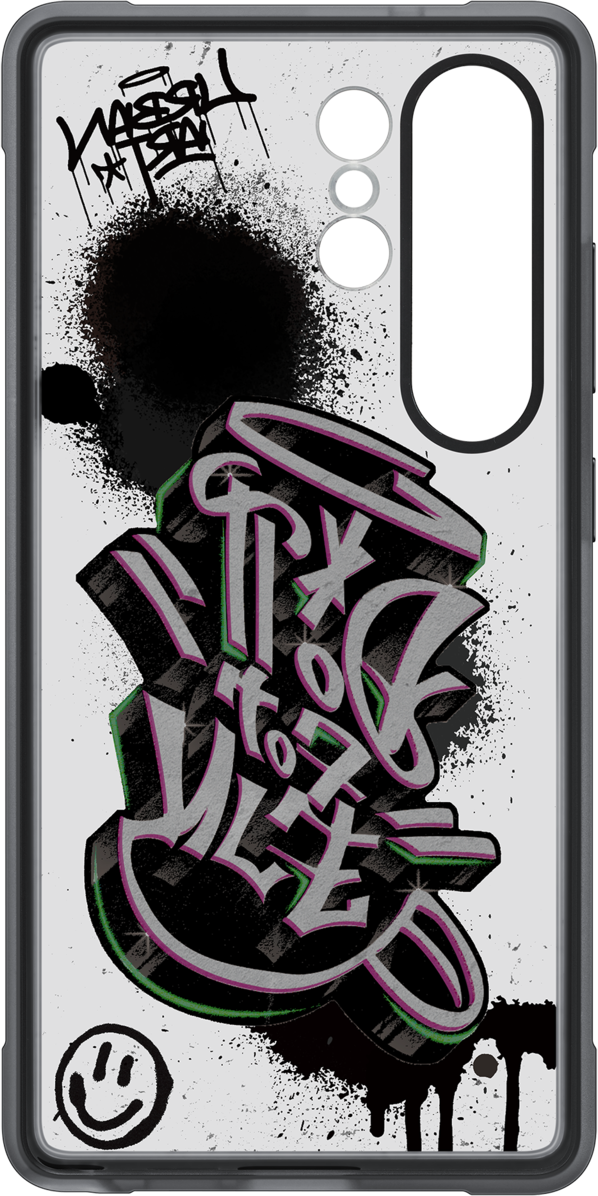 Custodia per telefono con arte graffiti in verde, rosa e nero su sfondo bianco.