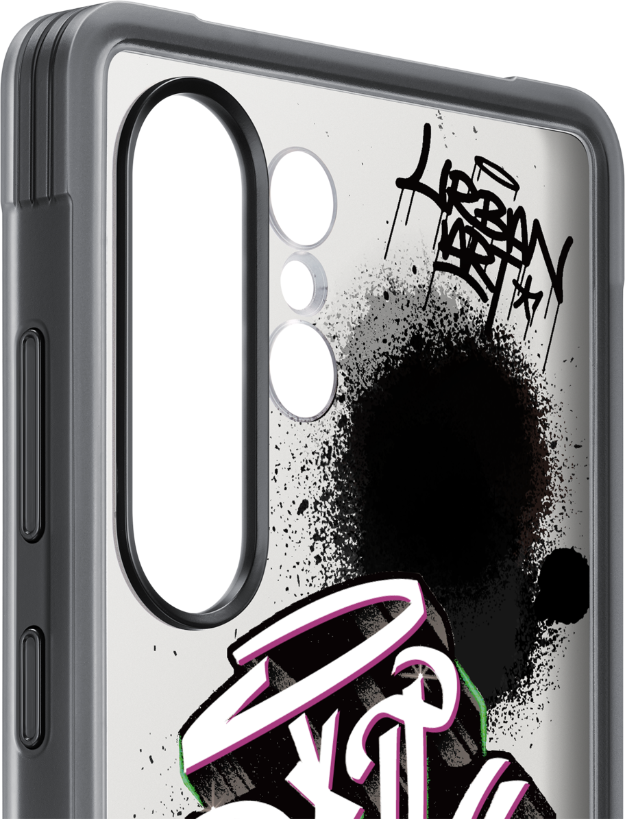 Custodia per telefono con design graffiti, bianco e nero. Scritta graffiti e schizzo di vernice nera.