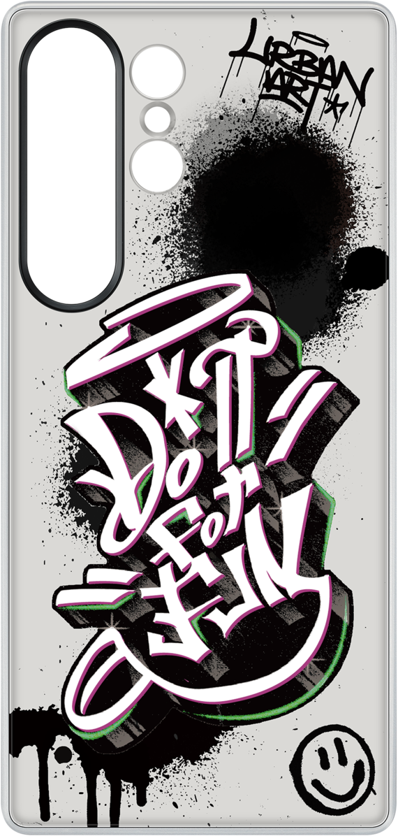 Custodia per telefono con testo stile graffiti, design in bianco e nero, faccina sorridente.