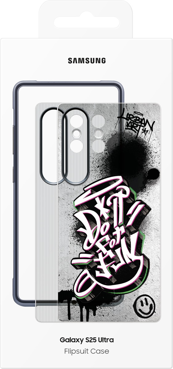 Scatola di custodia per telefono con una custodia all'interno. La custodia ha graffiti sopra.