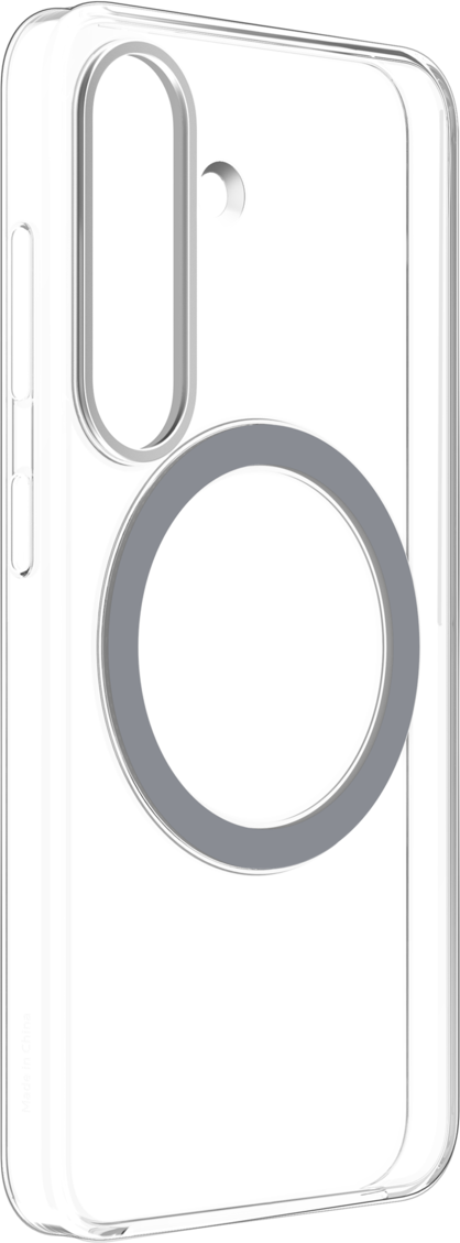 Una custodia trasparente per telefono con un anello argentato. La custodia è su uno sfondo nero.