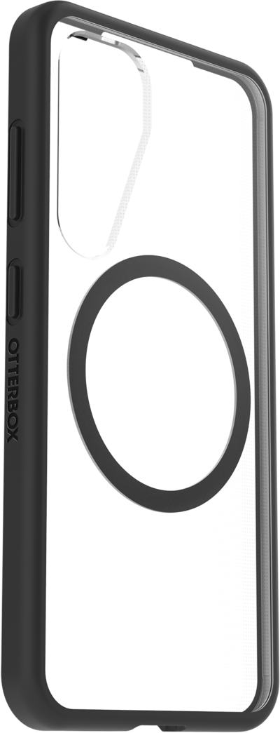 Coque de téléphone Otterbox noire. Dos transparent, cadre noir et anneau noir pour MagSafe.