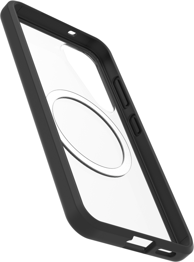Coque de téléphone noire avec anneau argenté, vue en angle, sur fond blanc.