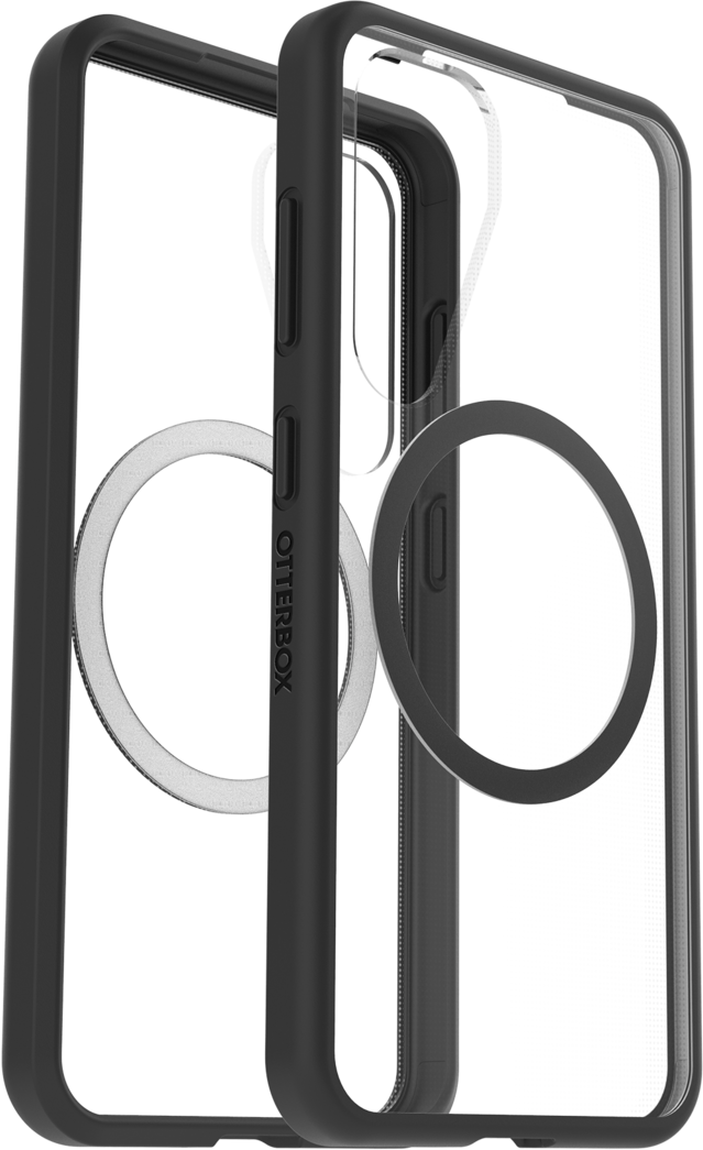 Deux coques de téléphone transparentes avec des cadres noirs et un anneau magnétique circulaire.