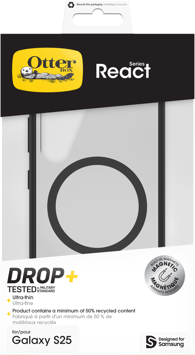 Emballage pour coque Galaxy S25, testé Drop+, avec logo OtterBox et recyclage.