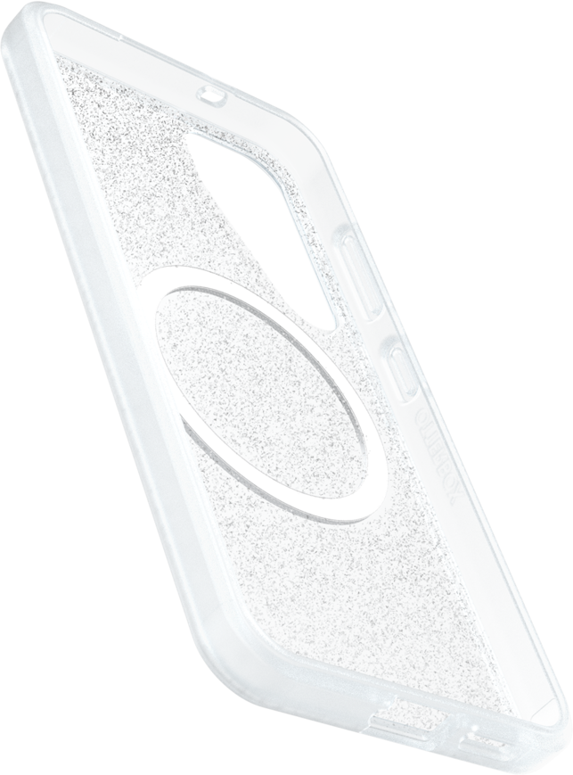 Eine transparente Handyhülle mit glitzerndem Rücken und weißem Kreis für MagSafe, auf schwarzem Hintergrund.