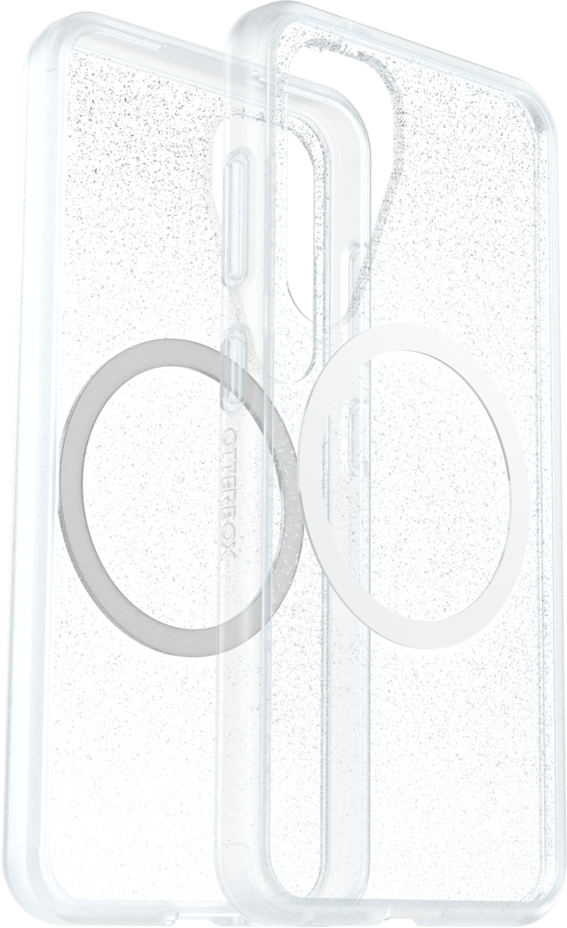 Transparente Handyhülle mit Glitzer, zwei weißen Ringen und Logo.