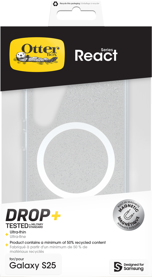 Verpackung der OtterBox React Hülle für Galaxy S25, weiß und gelb.