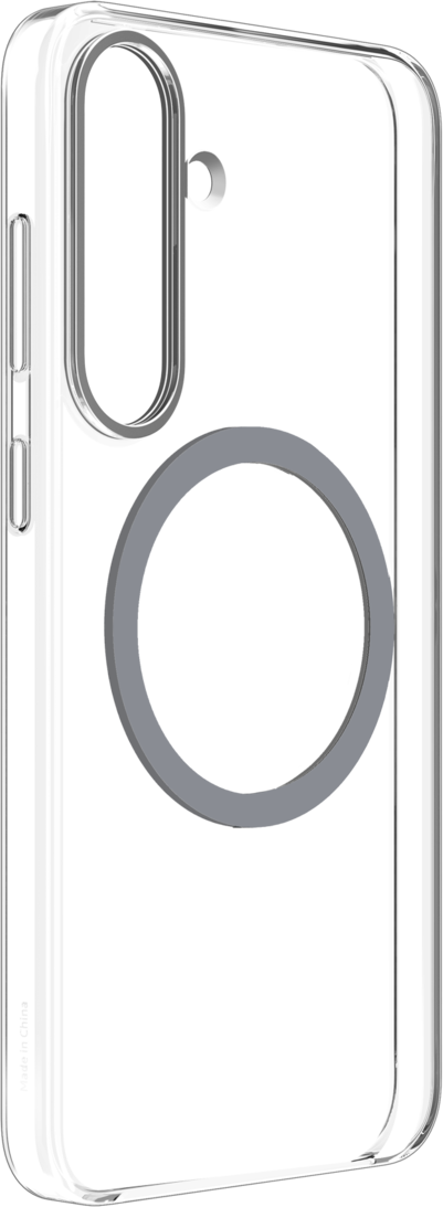 Custodia trasparente per telefono con cerchio nero per MagSafe. La custodia è trasparente.
