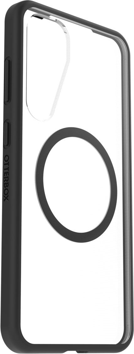 Eine schwarze OtterBox-Handyhülle mit einem durchsichtigen Mittelteil und einem schwarzen kreisförmigen Design.