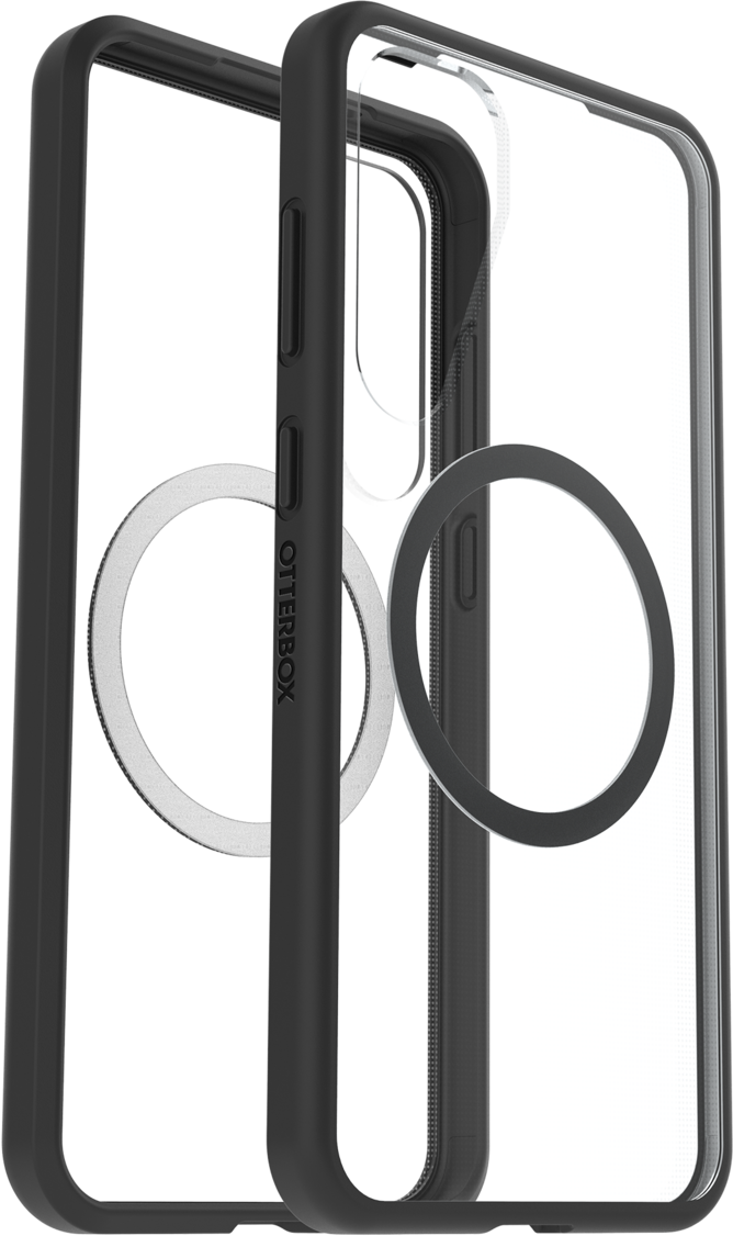 Zwei schwarze OtterBox-Telefonhüllen. Eine mit klarer Rückseite, eine mit Magnetring.