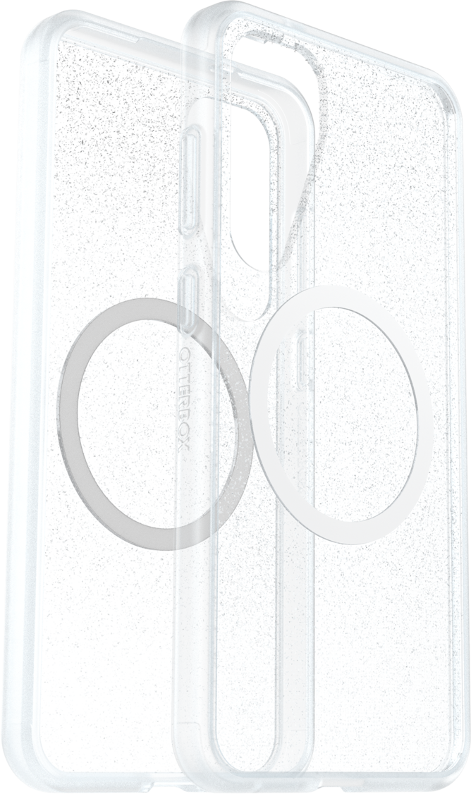 Zwei transparente Handyhüllen mit Glitzer und einem Magnetring.