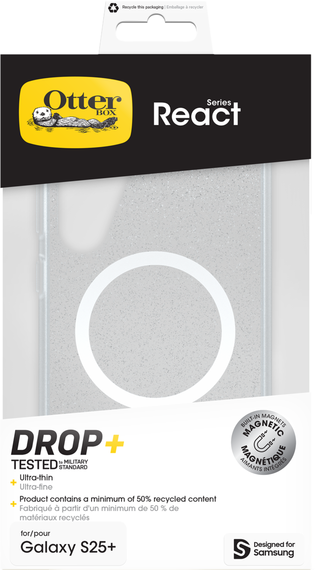 OtterBox React Handyhüllenverpackung, graues Gehäuse mit weißem Kreis.