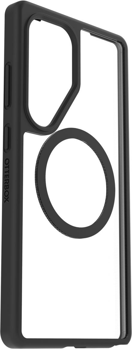 Schwarze Otterbox-Handyhülle mit durchsichtigem Rücken und kreisförmigem MagSafe-Aufsatz.