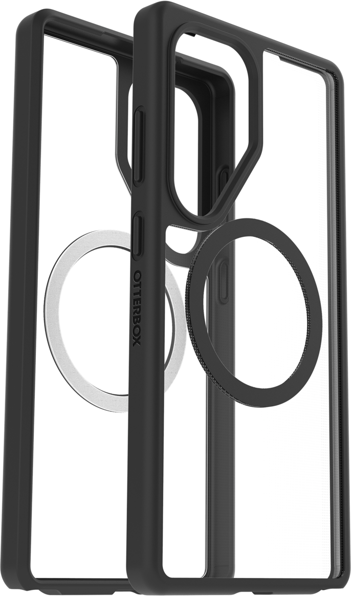 Zwei schwarze Handyhüllen, eine mit klarer Rückseite und Magnetring, nebeneinander.