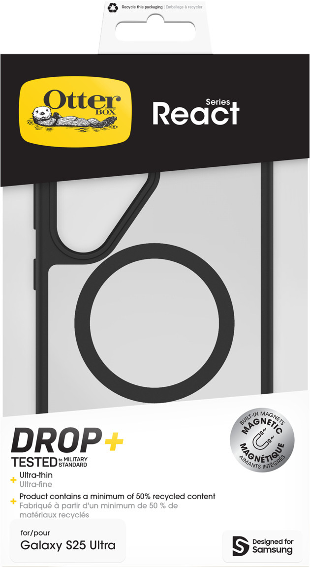 Otterbox React-Hülle-Verpackung. Schwarze Hülle auf weißem Hintergrund mit Text.
