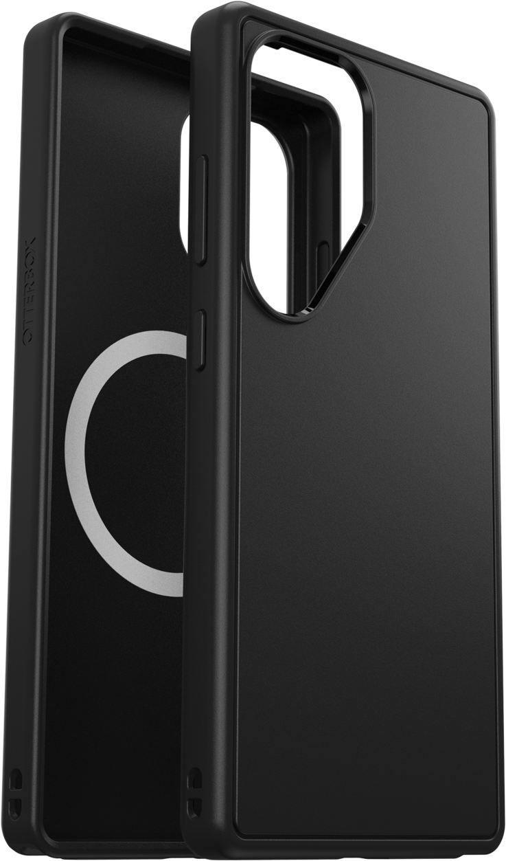 Schwarze Otterbox-Handyhülle, offen, zeigt den Innenteil mit weißem Kreis, auf weißem Hintergrund.