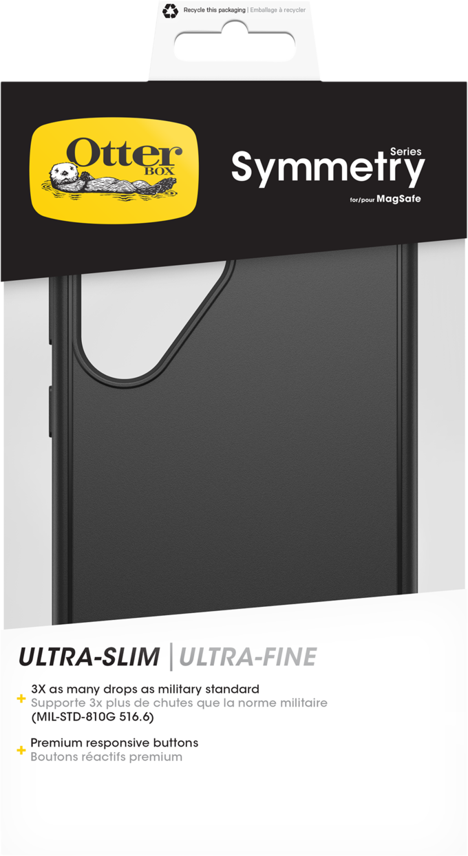 Verpackung für eine OtterBox Symmetry-Handyhülle. Die Verpackung ist schwarz und zeigt die Hülle.