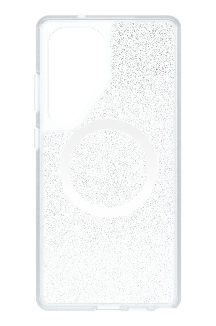 Telefonhülle, weiß mit Glitzer und einem kreisförmigen weißen MagSafe-Ring. Die Hülle ist durchscheinend.