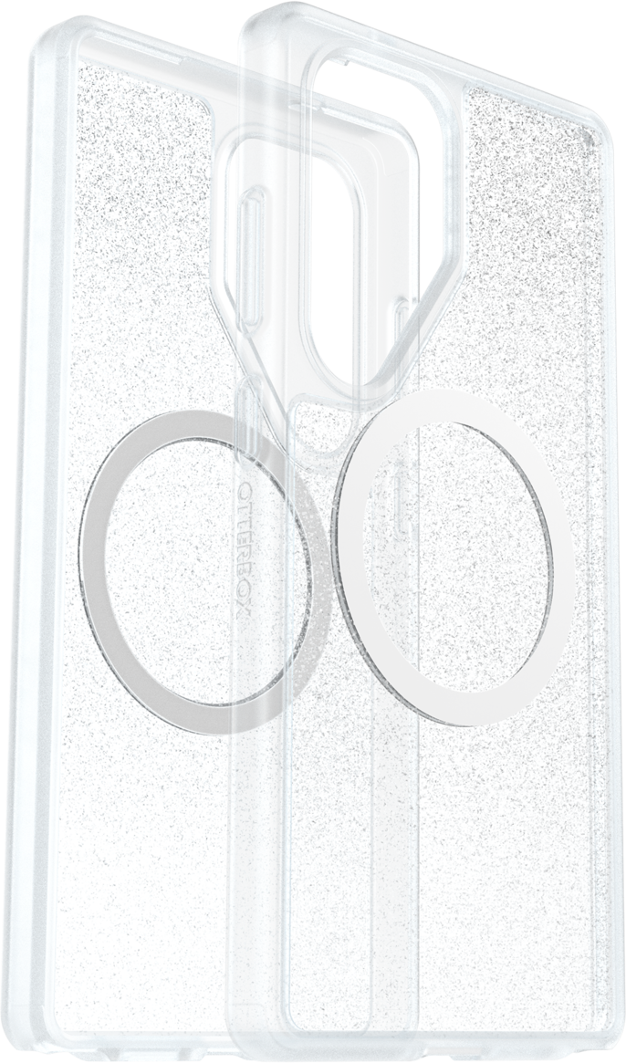 Transparente Handyhülle mit silbernem Ring, mit weißem Hintergrund und transparentem Aussehen.