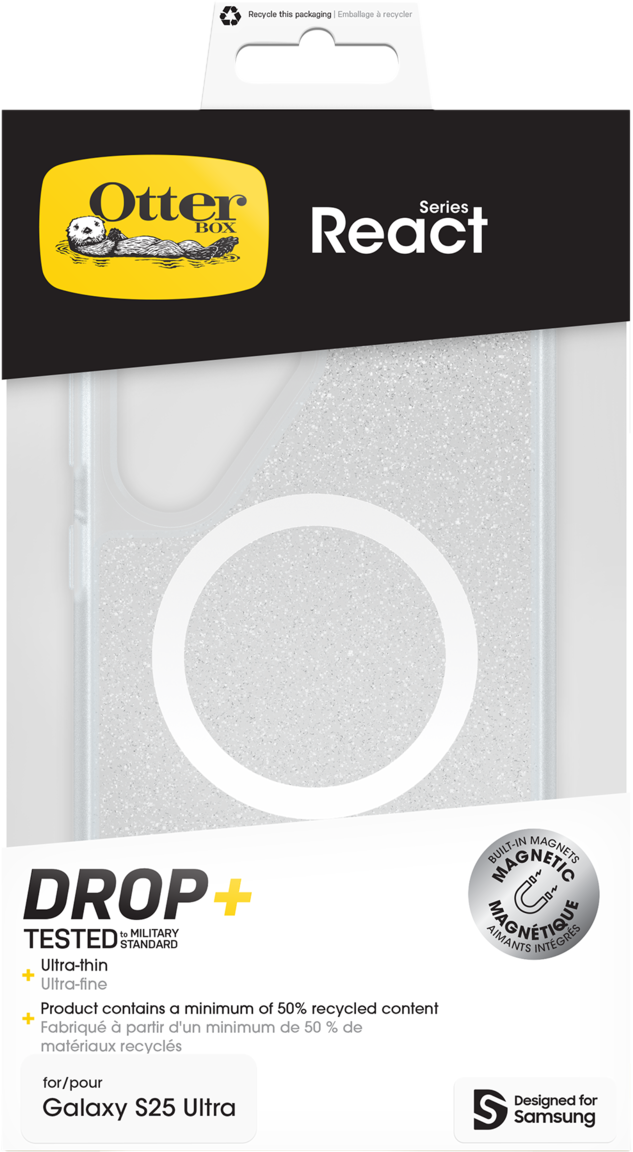 OtterBox React Hülle für Galaxy S25 Ultra. Transparent mit weißem Ring. Verpackung sagt Fallgetestet.