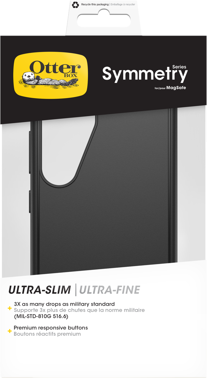 Schwarze OtterBox Symmetry Handyhüllenverpackung mit Text und Logo. Weißer Hintergrund.