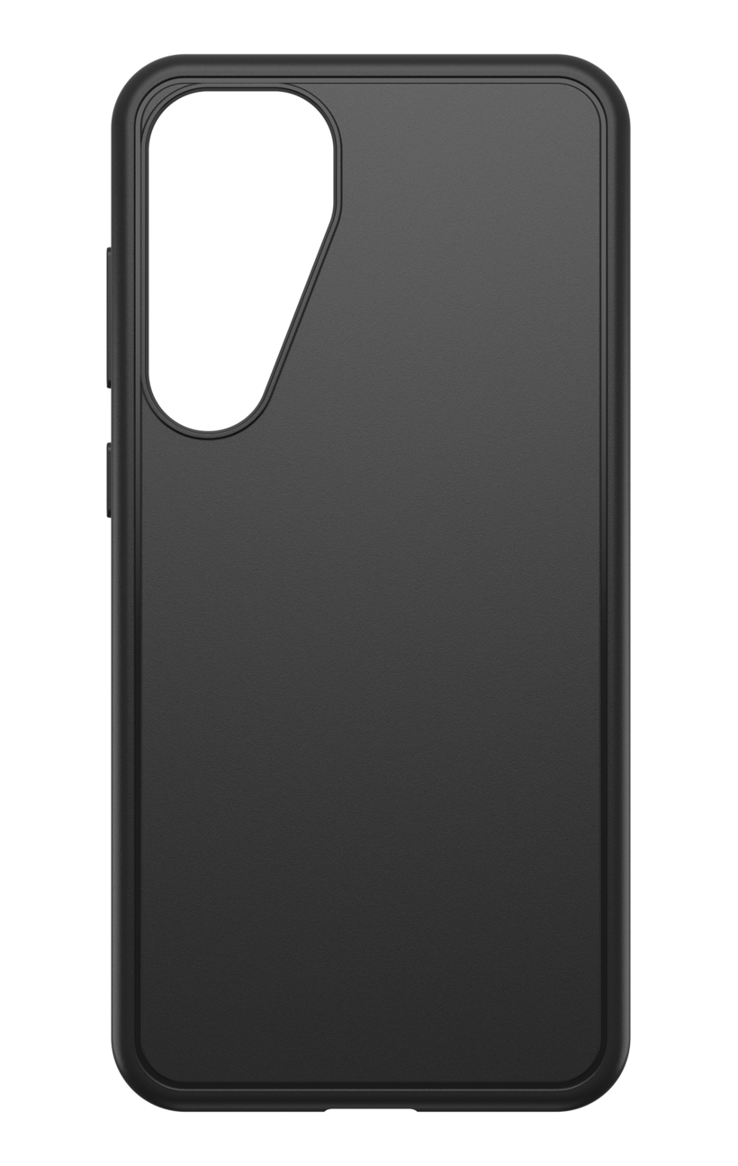 Eine schwarze Handyhülle mit Kameraausschnitt und Seitentasten, vor schwarzem Hintergrund.