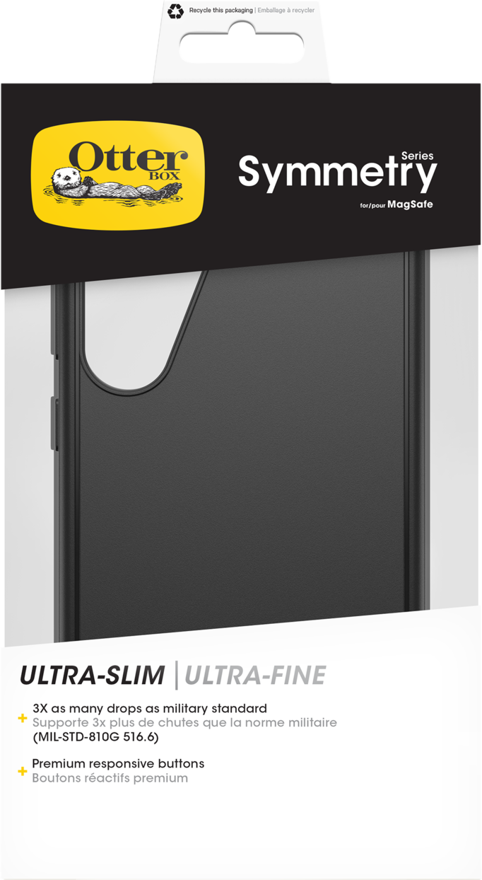 OtterBox Symmetry Handyhüllenverpackung. Schwarze Hülle durch die Verpackung sichtbar.