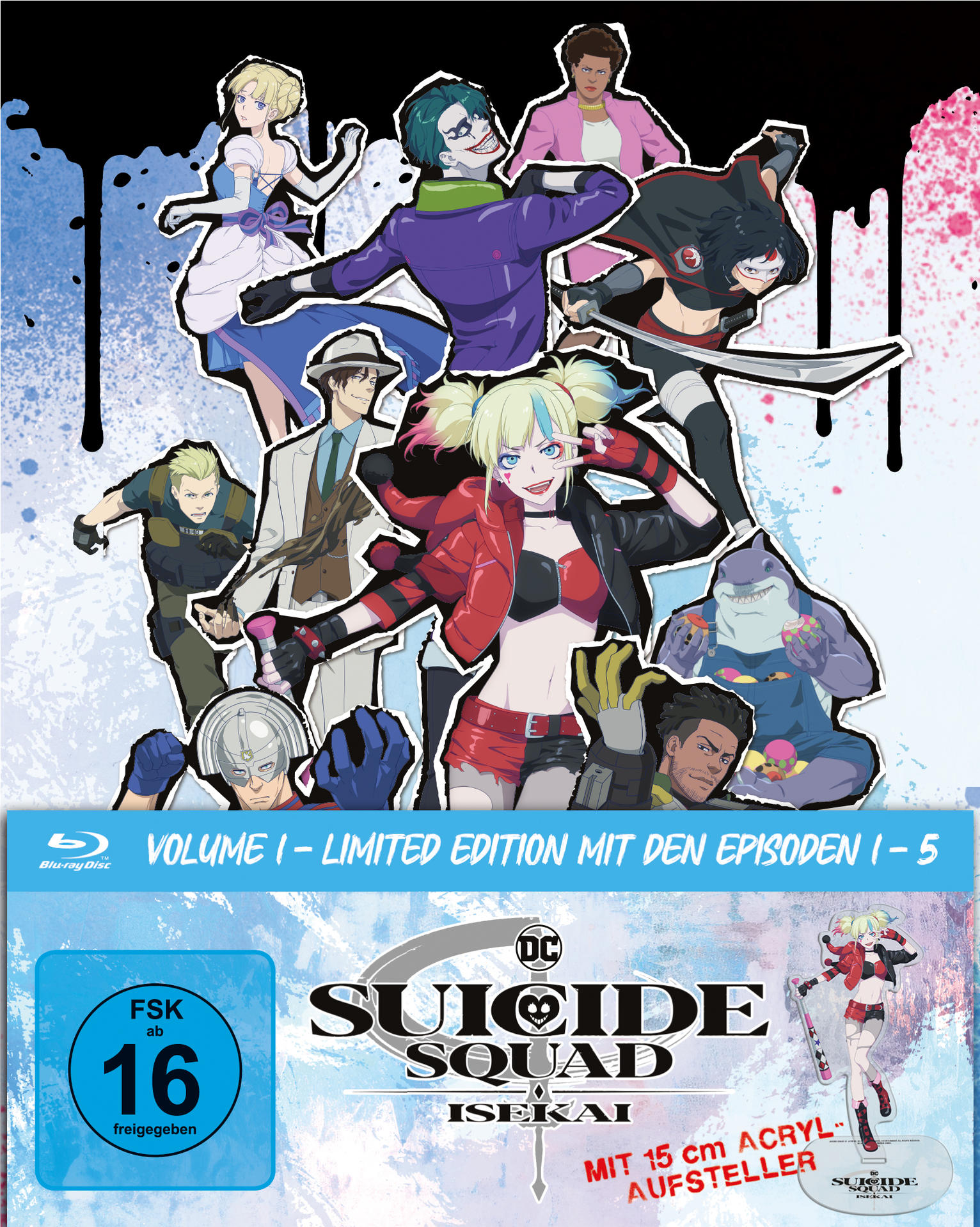 Filmcover mit Zeichentrickfiguren, darunter Harley Quinn. Text: Suicide Squad.