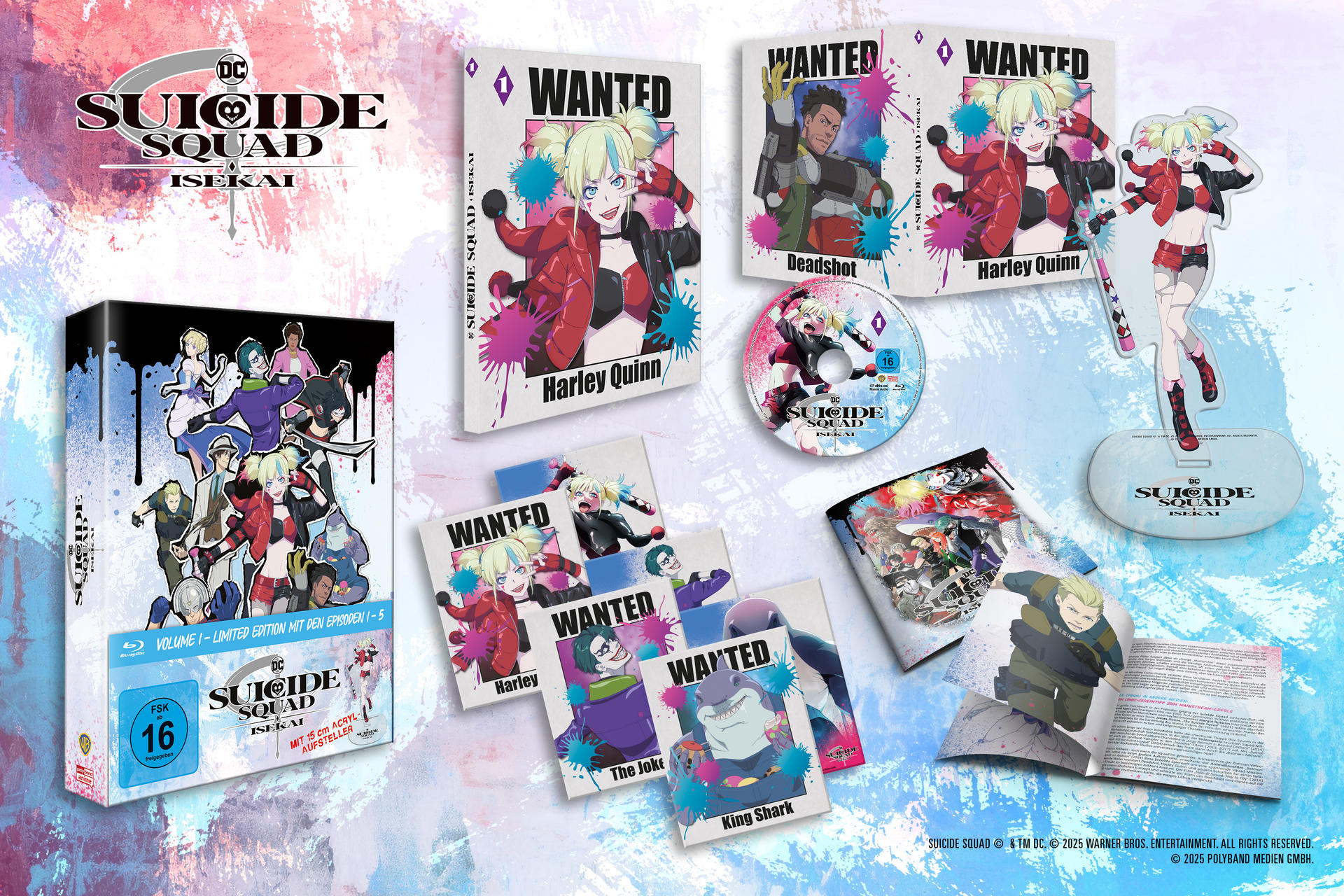 Suicide Squad Isekai-Merchandise, einschließlich DVD-Set, Bücher und Charakter-Ausschnitte.