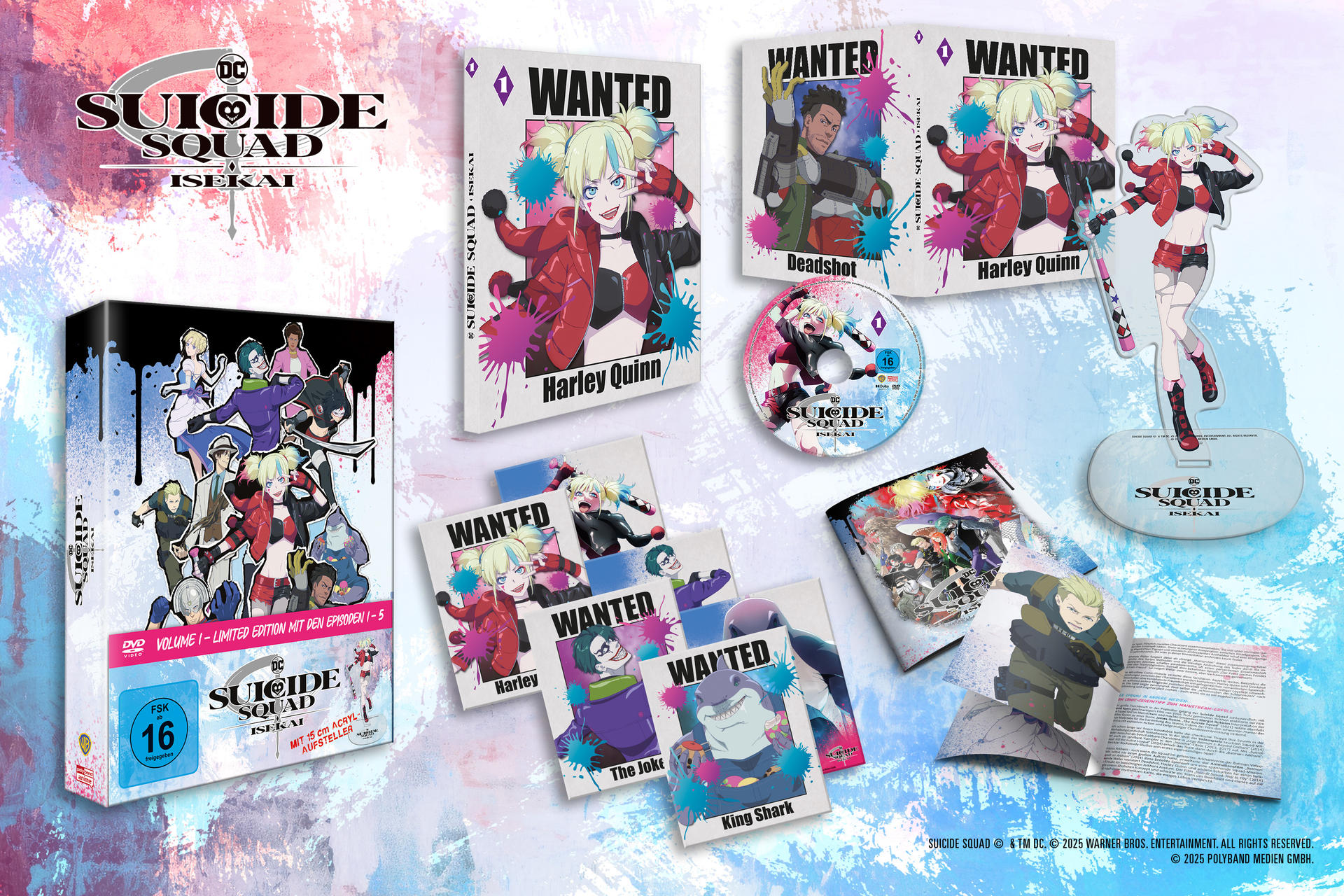 Verschiedene Suicide Squad Anime-Merchandise, darunter DVDs, Poster und Aufsteller, auf buntem Hintergrund.