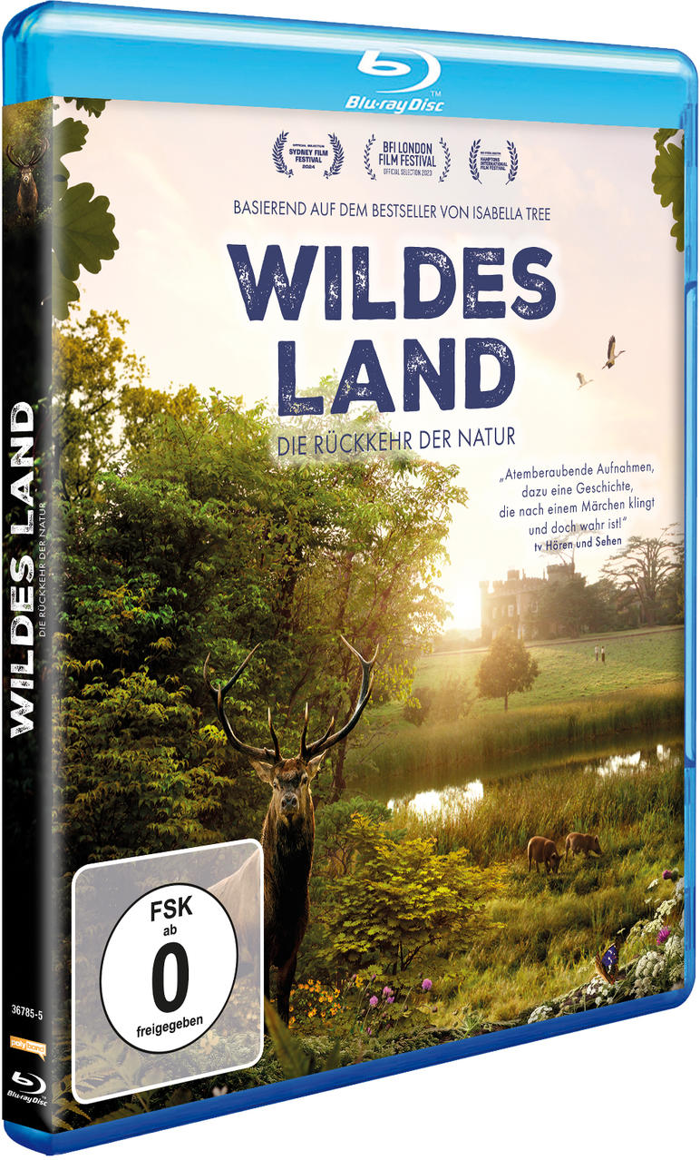 Blu-ray-Disc-Hülle mit einem Bild eines Hirsches in einem Wald. Text: 'WILDES LAND' und 'FSK 0'.