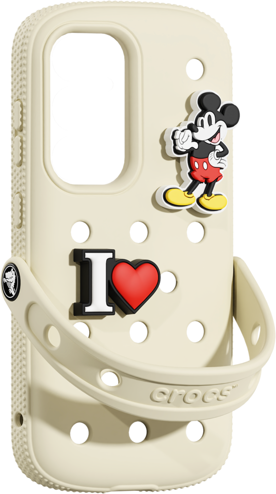 Custodia Crocs color crema con Mickey Mouse, cuore 'I love' e marchio Crocs.