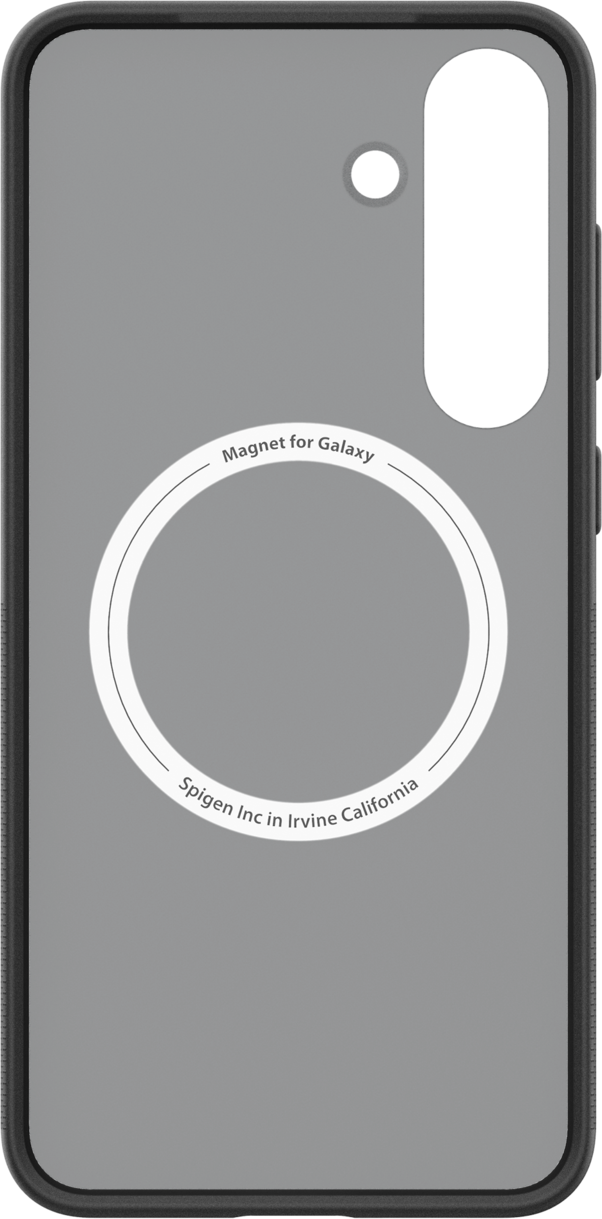 Dos de l'étui de téléphone gris foncé. Cercle blanc avec le logo Spigen.
