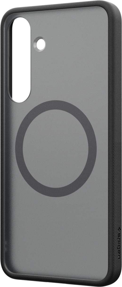 Coque de téléphone noire avec un design circulaire et la marque Spigen visible.