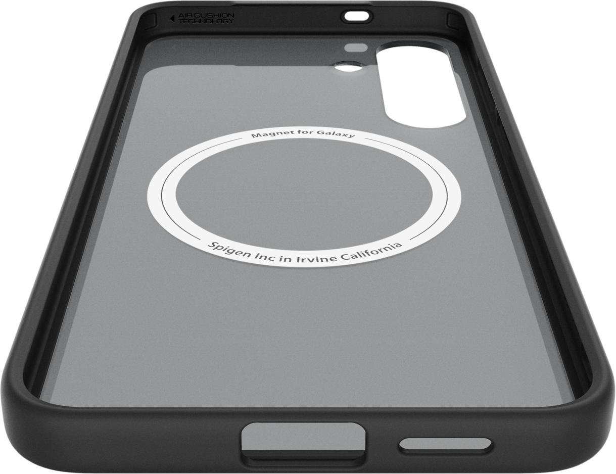 Coque de téléphone noire avec dos transparent et anneau blanc avec du texte.