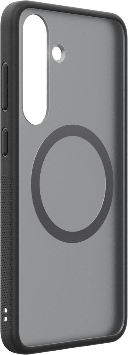 Une coque de téléphone noire avec une découpe circulaire grise. Un bord noir entoure la coque.
