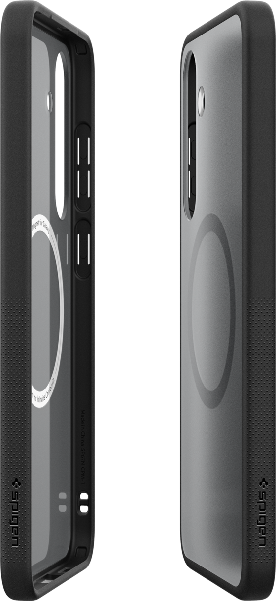 Deux coques de téléphone, une vue latérale et une vue de face. Les deux sont noires et transparentes.
