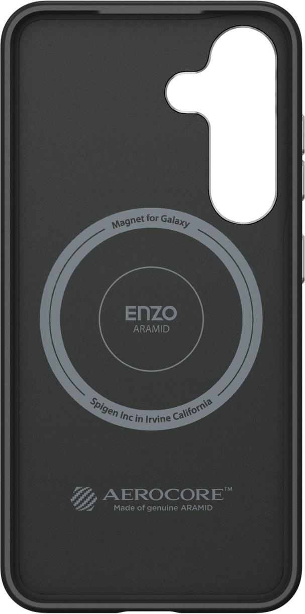 Coque de téléphone noire avec un cercle argenté et du texte blanc.