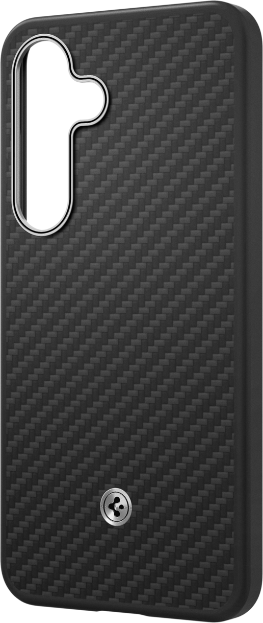 Coque de téléphone, texture fibre de carbone, vue arrière, couleur noire, avec logo Spigen.