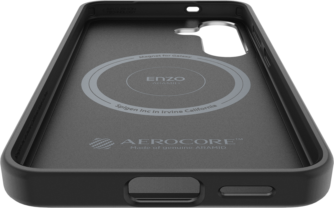 Coque de téléphone noire, l'intérieur montre l'aimant pour Galaxy et la marque Enzo Aramid.
