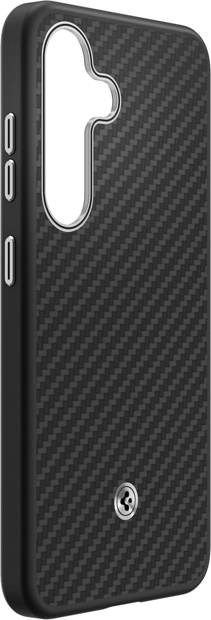 Une coque de téléphone noire avec une texture en fibre de carbone et un logo Spigen argenté. Le côté est visible.