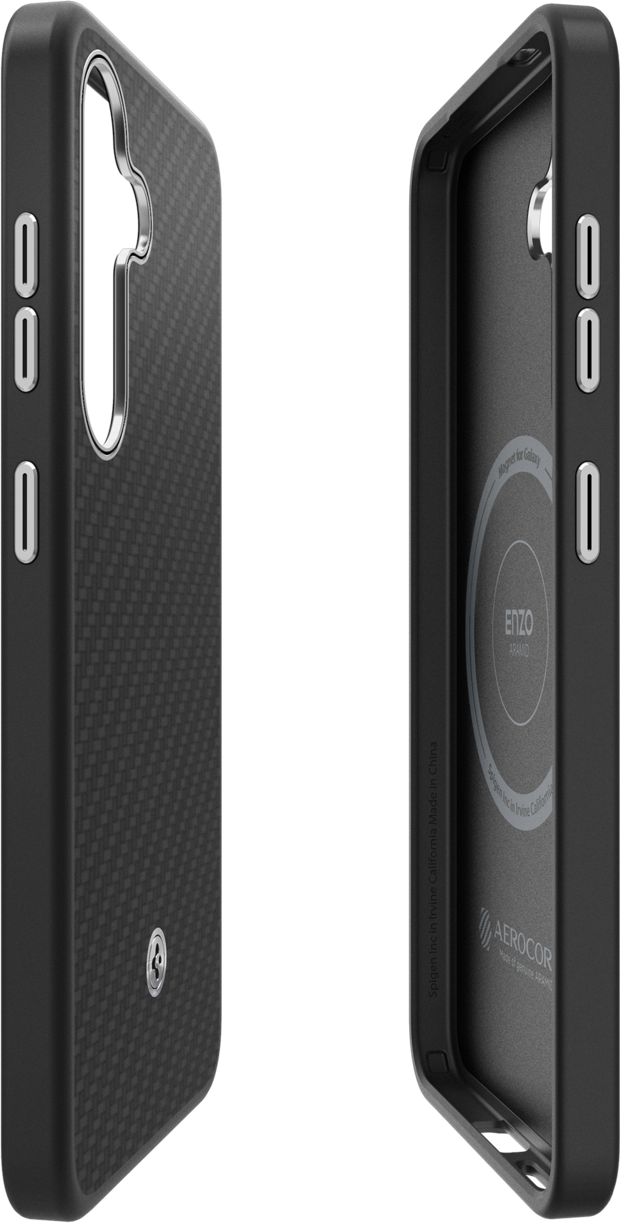 Coque de téléphone avec une texture en fibre de carbone et un cadre noir. La coque est ouverte, montrant l'intérieur.
