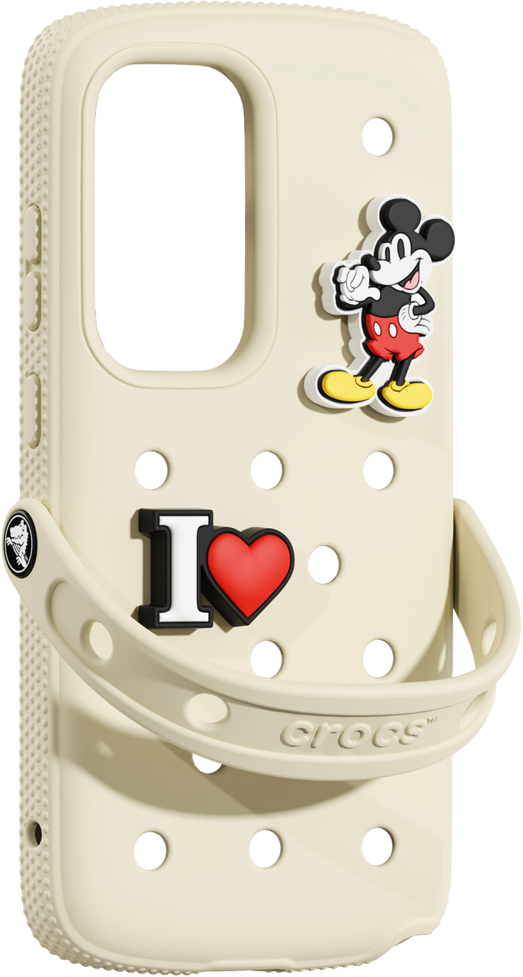 Custodia beige per telefono con Mickey Mouse, un cuore rosso e le parole "I love".