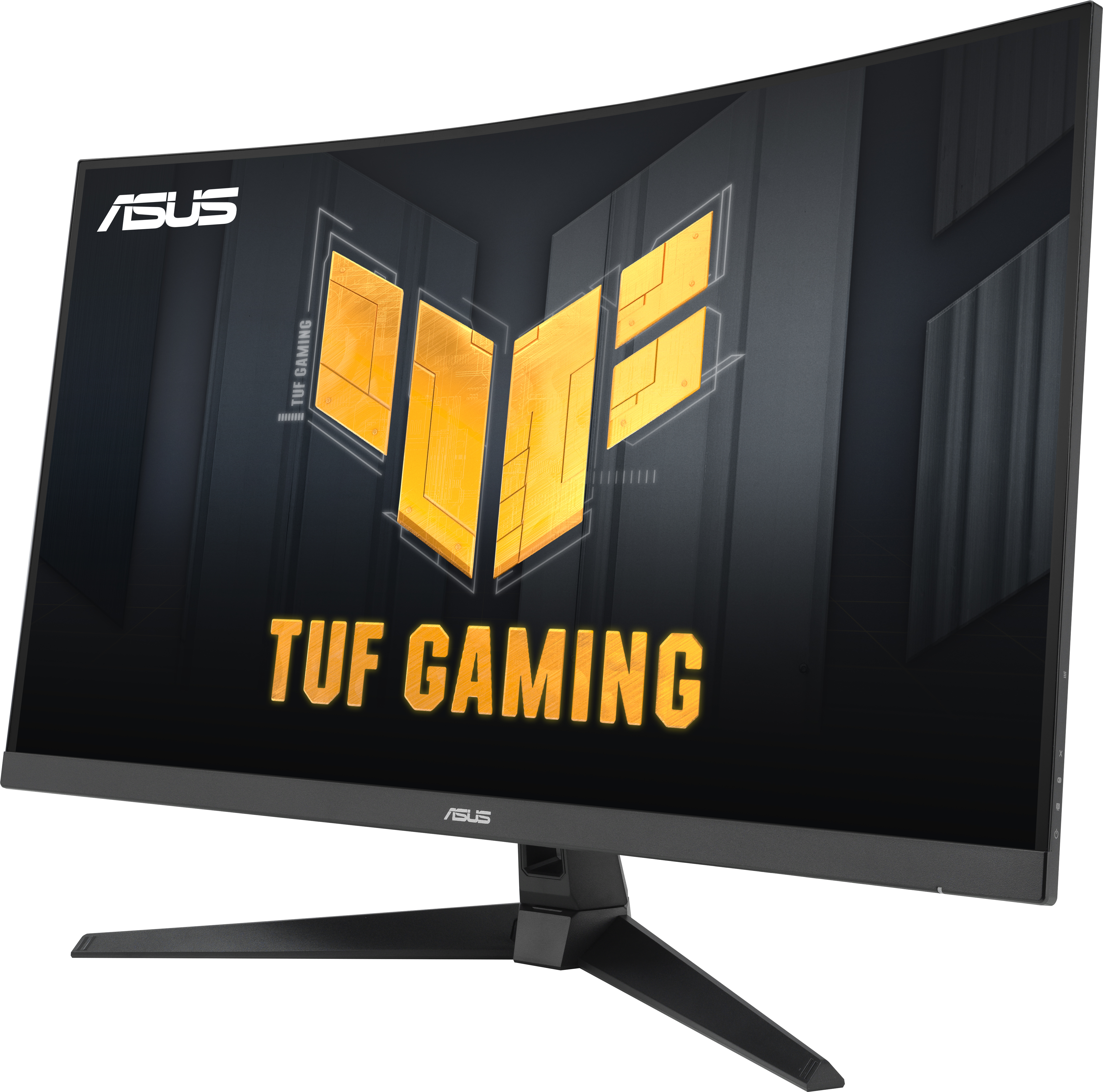 Gebogener Monitor mit Text 'TUF GAMING' und Logo. Schwarzer Hintergrund.