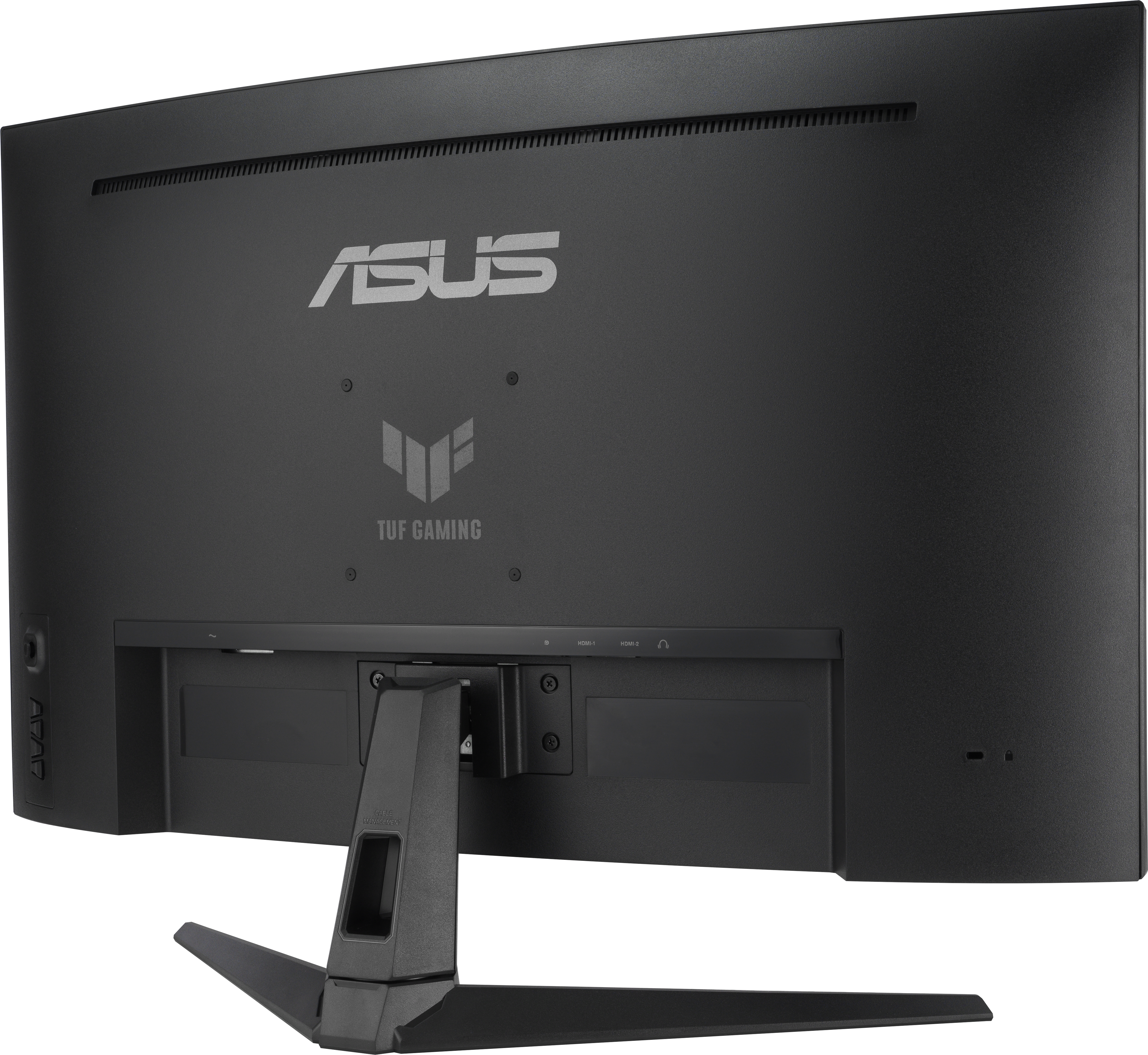 Schwarze Monitorrückseite mit ASUS- und TUF GAMING-Logos.