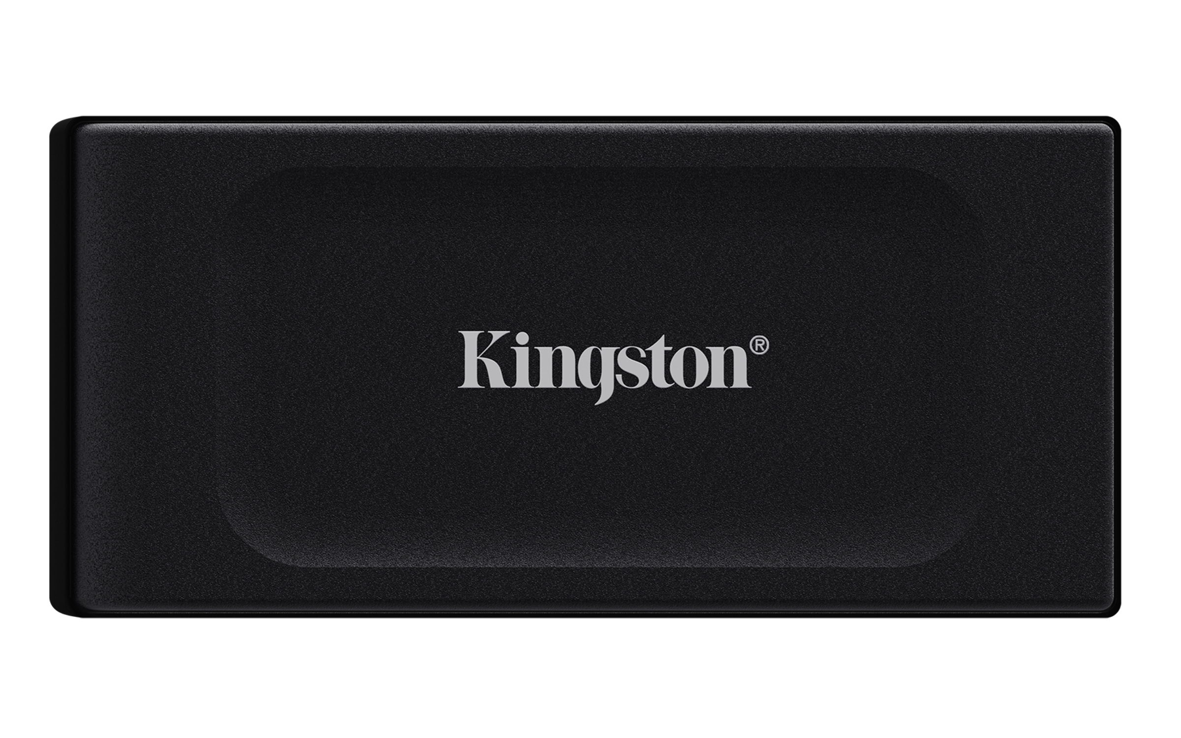 Schwarze externe Kingston SSD, Draufsicht, weißer Hintergrund.