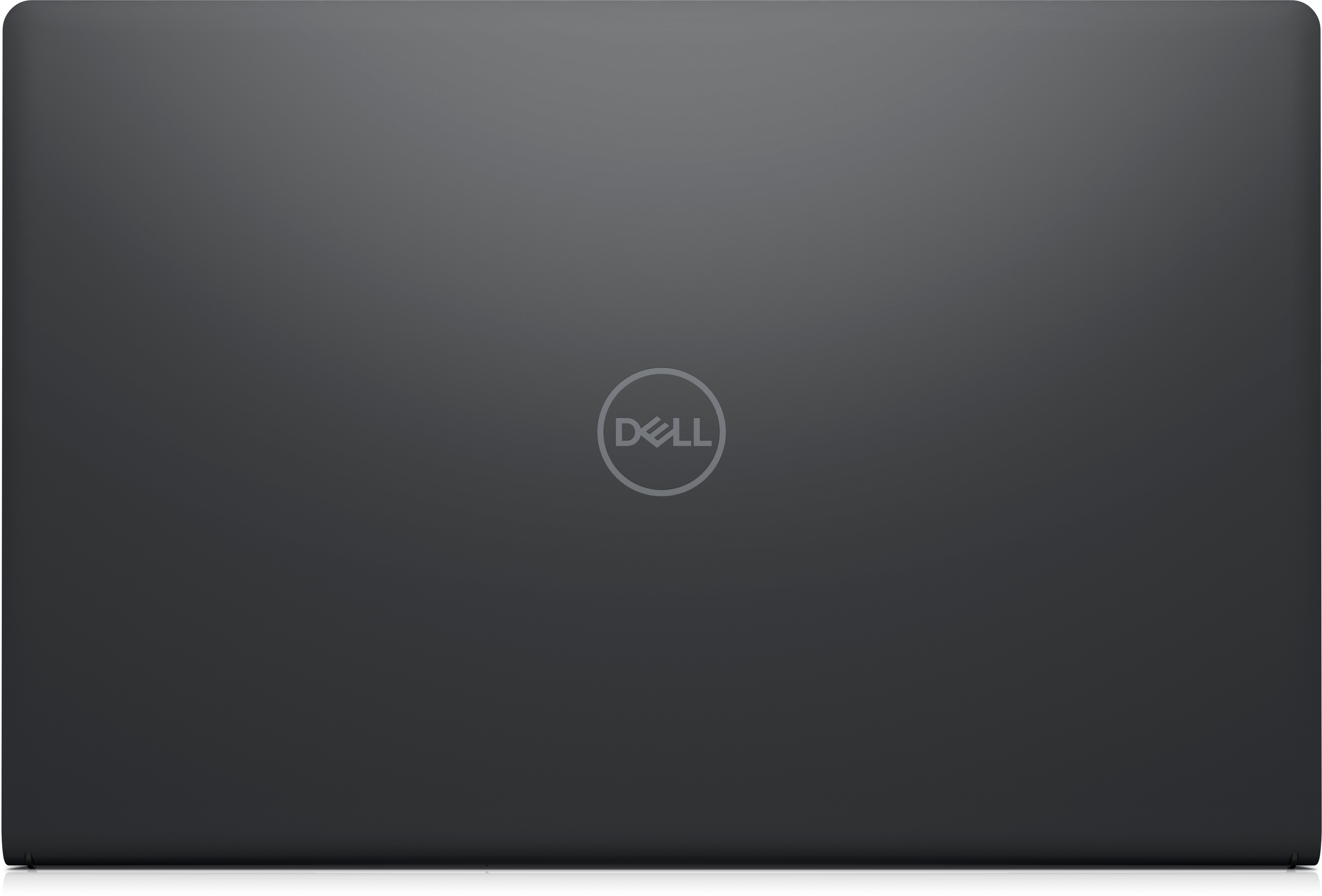 Draufsicht auf einen Dell Laptop mit Dell-Logo auf grauer Oberfläche.